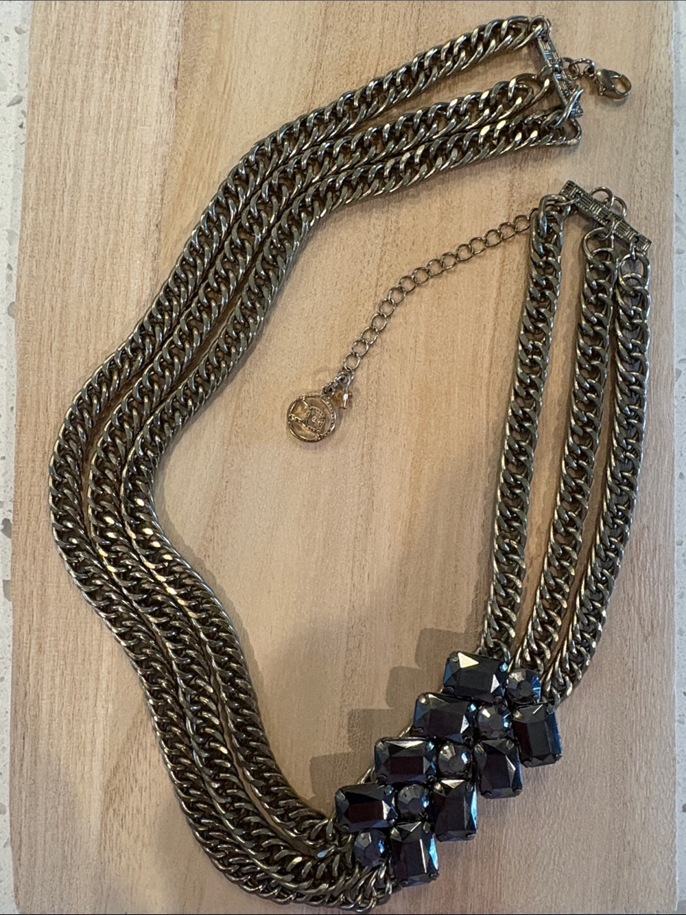 Chunky Gunmetal Multi-Strand Chain Black Crystal Statement Necklace Y2K